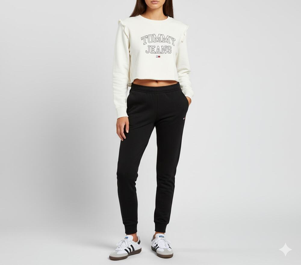 NWOT Tommy Jeans Women's ivory Cropped Ruffle-Trim Sweatshirt Chic sporty Sz XL